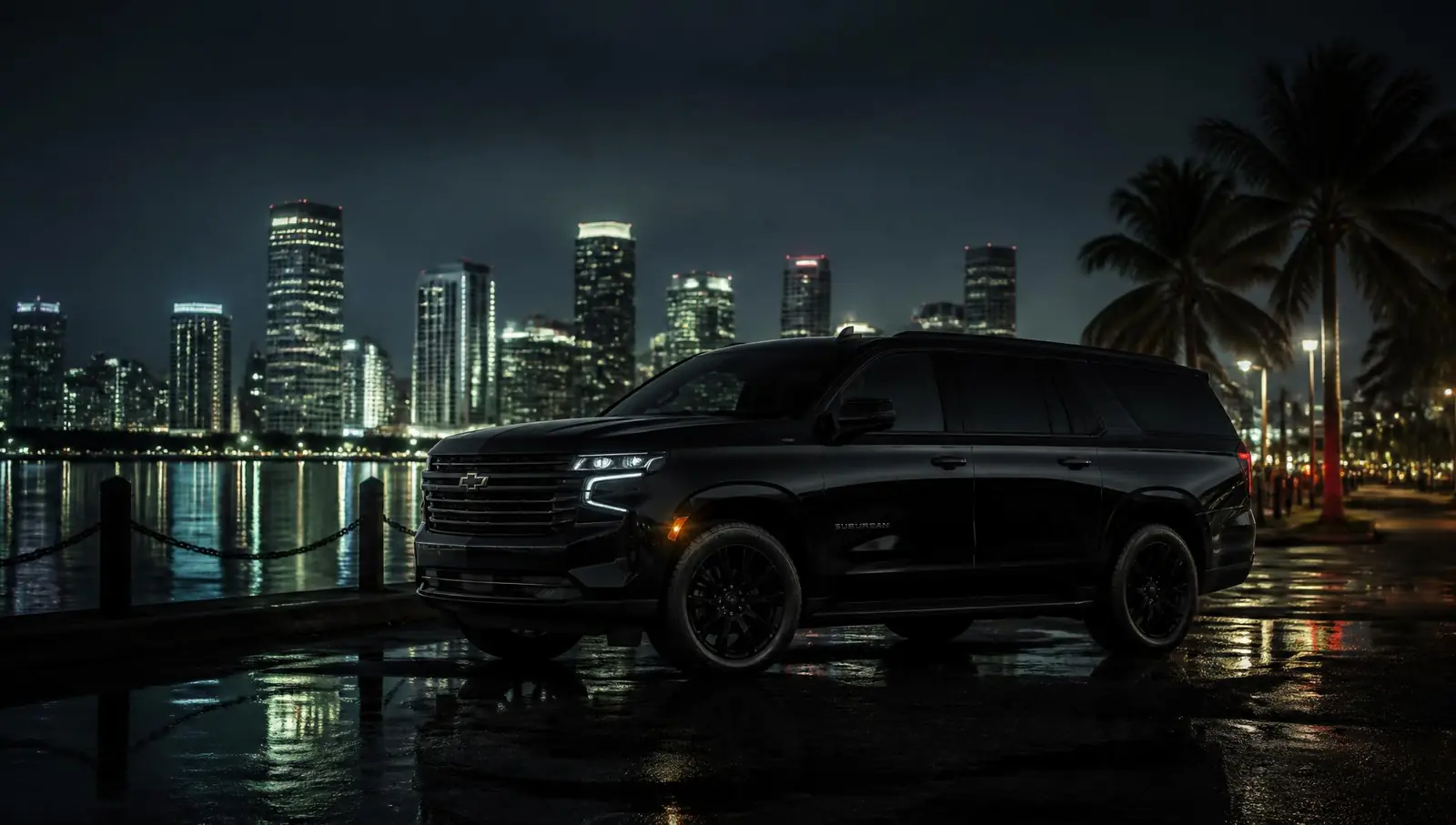 Black executive SUV at night in South Florida
